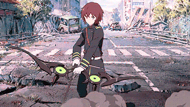 a boy in a uniform is holding a bow and arrow in a cartoon .