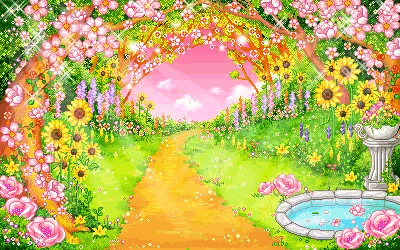 a pixel art of a garden with flowers and a fountain
