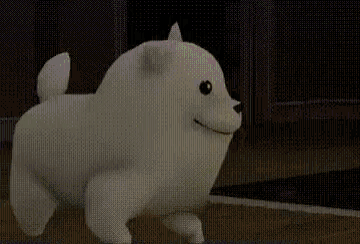 a 3d model of a white dog is walking in a dark room and smiling .
