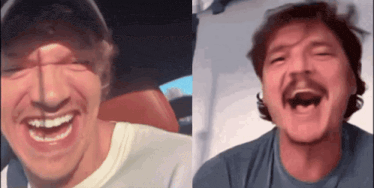 a man with a hat and a mustache is laughing with his mouth open