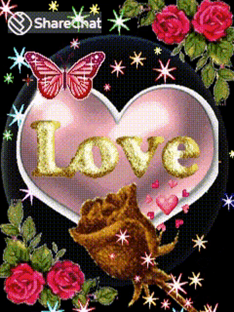 a heart with the word love on it is surrounded by roses and butterflies