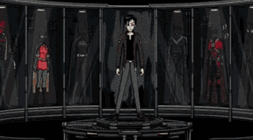 a cartoon character is standing in a room with a bunch of wires around her