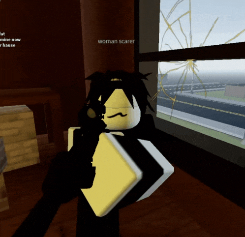 a screenshot of a video game shows a person holding a gun and the words woman scarer above them