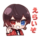 a cartoon character with red eyes and blue eyes is wearing a red jacket .