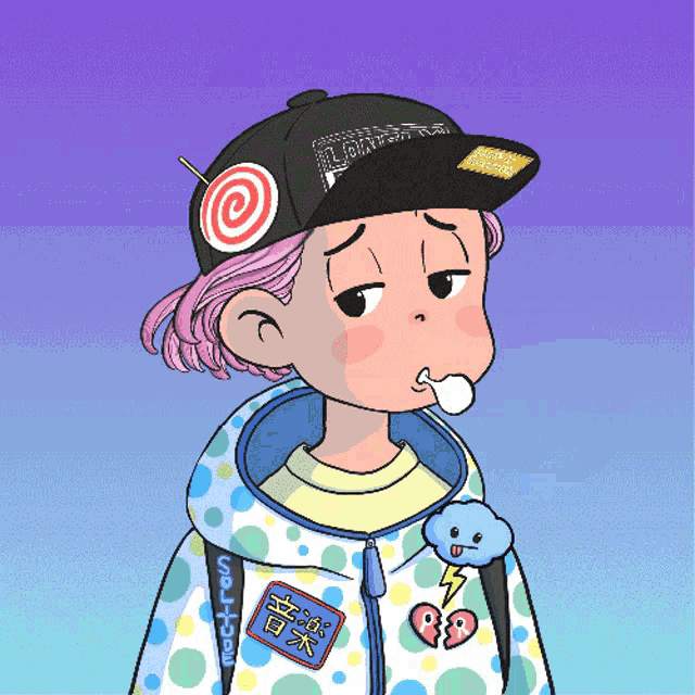 a cartoon drawing of a girl wearing a hat and a jacket with chinese characters on it