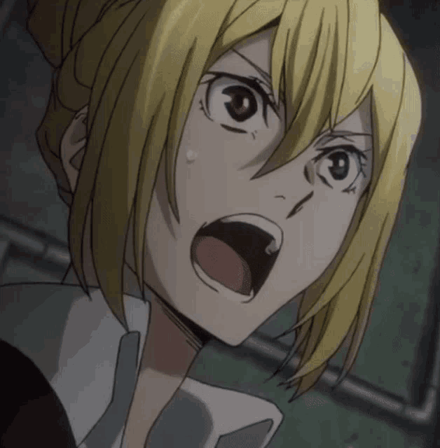 a close up of a anime character with a surprised look on her face