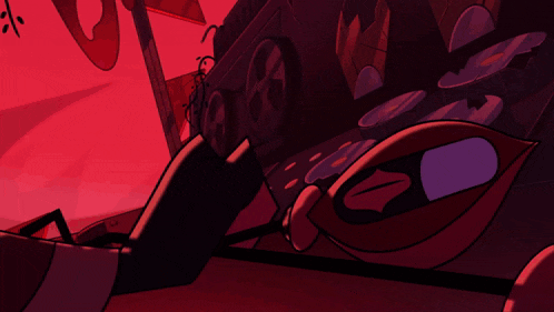 a cartoon drawing of a car with a red background and a purple eye