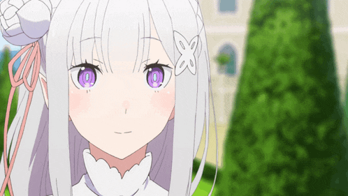 a girl with white hair and purple eyes is smiling
