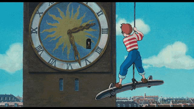 a boy is hanging from a rope in front of a clock with roman numerals on it