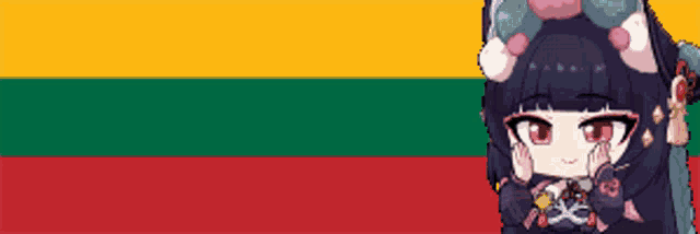 a pixel art of a girl with a cat ear standing in front of a flag