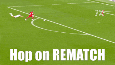 a soccer field with the words hop on rematch in white