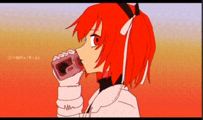 a cartoon of a girl with red hair drinking from a pink bottle .