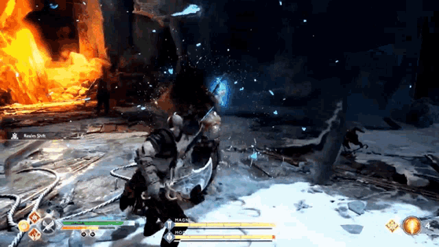 a screenshot of a video game showing a character with a sword and shield