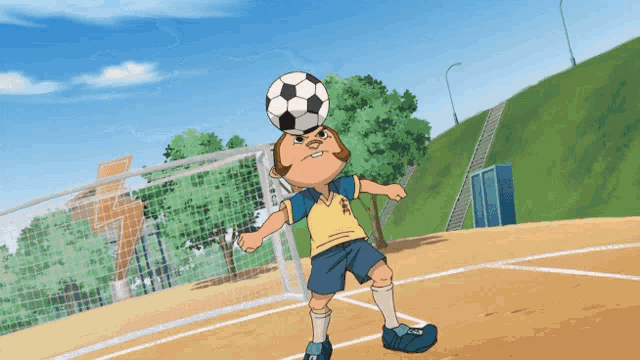 a cartoon character with a soccer ball on his head with a yellow shirt that says ' a ' on it