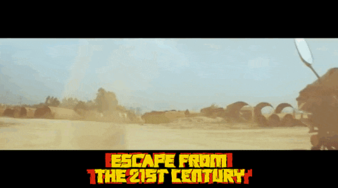 a poster for escape from the 21st century shows a man riding a motorcycle in the desert