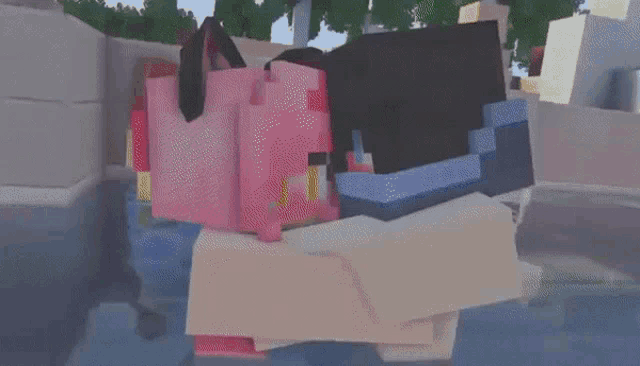 a couple of minecraft characters are standing in a pool of water .