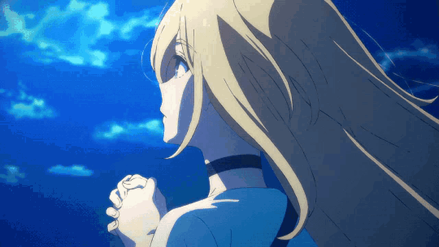 a girl with blonde hair and a choker looks up at the sky