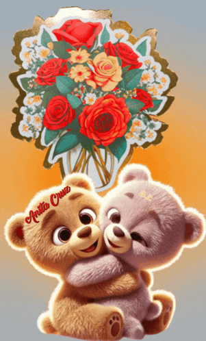 two teddy bears hugging in front of a vase of roses