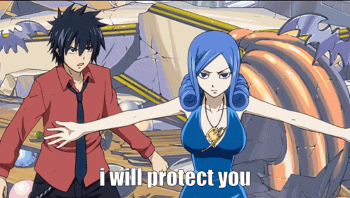 a man and a woman are standing next to each other with the words " i will protect you " on the bottom
