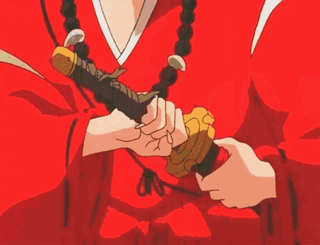 a person in a pink robe is holding a sword