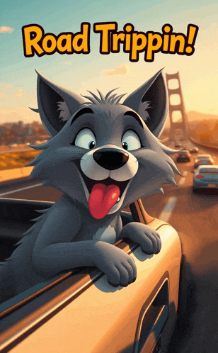a cartoon wolf sticking its tongue out of a car window with the words road trippin written above it