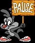 a cartoon bunny holding a sign that says pause