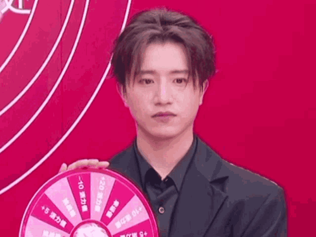 a man in a suit is holding a pink spinning wheel with chinese writing on it