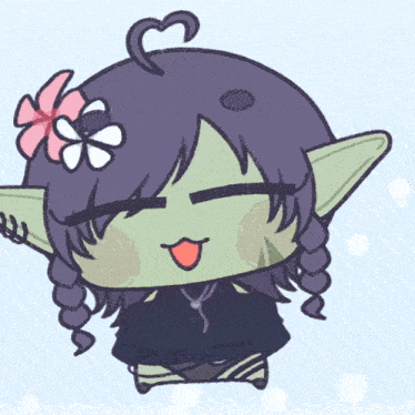 a cartoon drawing of a girl with purple hair and a flower in her hair