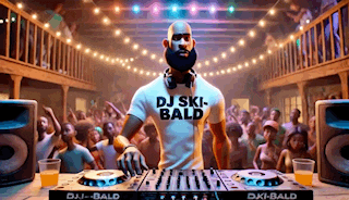a dj with a beard wearing a dj ski bald shirt