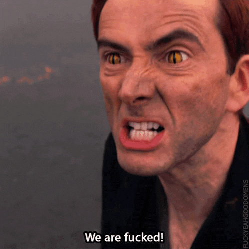 a close up of a man 's face with the words we are fucked below it