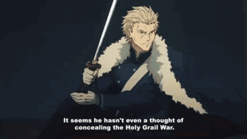 a man holding a sword with the words it seems he has n't even a thought