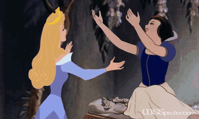 snow white and aurora are giving each other a high five in a cartoon from mss productions