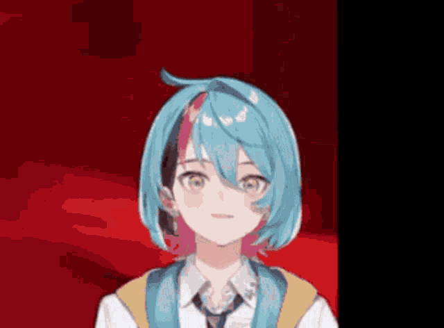 a girl with blue hair is wearing a yellow vest and tie .