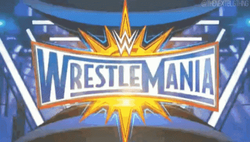 a wrestlemania logo is displayed on a blue and yellow background .