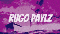 a purple background with the words rugo paylz and a house in the middle of the ocean .