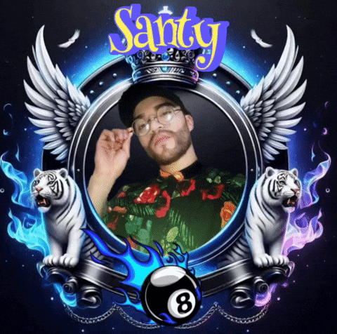 a picture of a man with a pool ball and the name santy