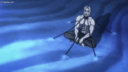 a cartoon of a man chained to a wall with jkanime.net written on the bottom