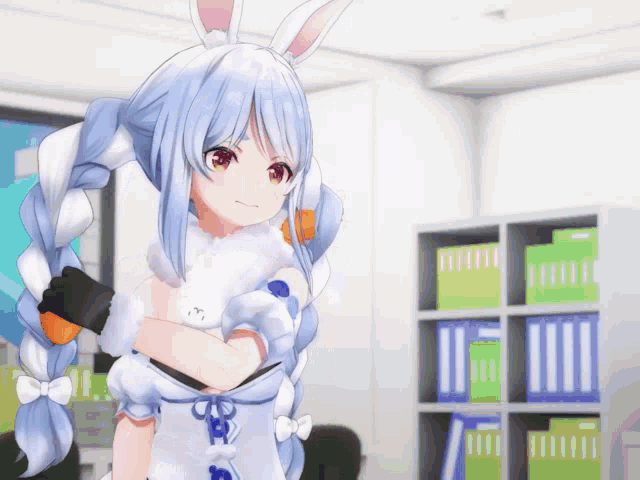 a girl with bunny ears is standing in front of a shelf full of binders