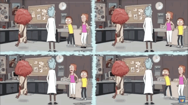 a cartoon shows rick and morty talking to each other in a lab
