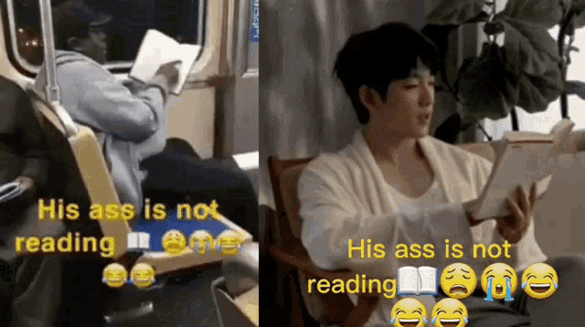 a man is reading a book on a train and another man is reading a book in a chair .