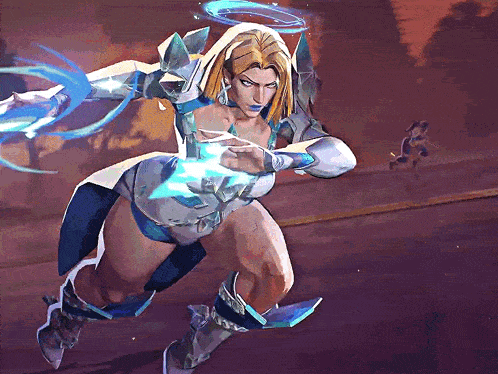 a woman in a white and blue outfit is holding a lightning bolt