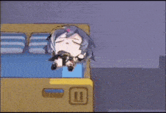 a cartoon girl is standing next to a couch in a room