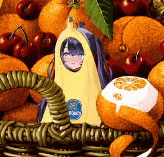 a girl in a banana costume is in a basket full of oranges and cherries
