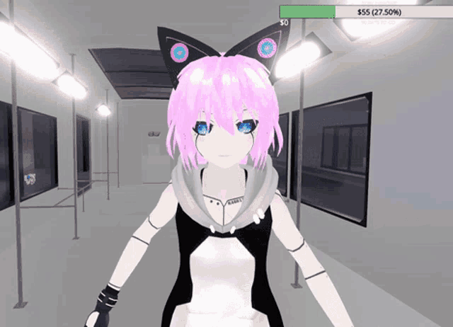 a girl with pink hair is standing in a hallway with a green bar that says $ 55 ( 27.5% )