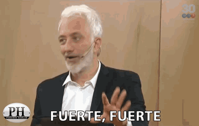 a man with a beard is wearing a microphone and says fuerte fuerte