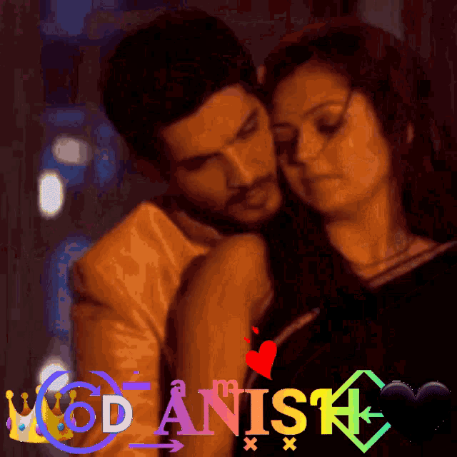 a man and a woman are hugging with the words mod anish in the corner