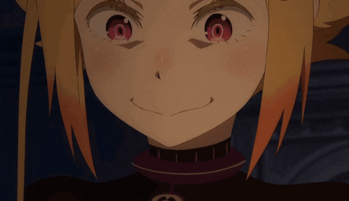 a close up of a anime girl with red eyes