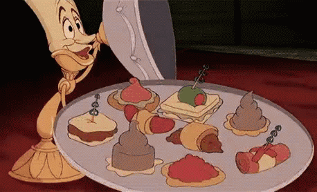 a cartoon character is serving a plate of food .