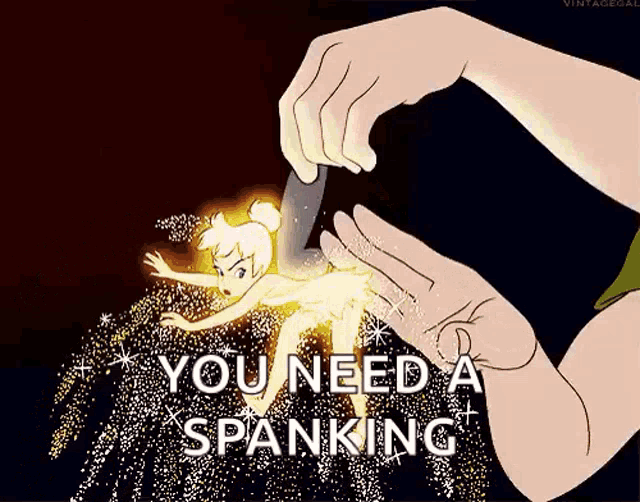 a cartoon of tinkerbell being spanked by a man 's hand .