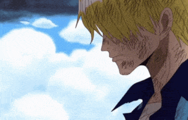 a close up of a man 's face with a blue sky and clouds behind him